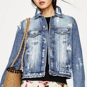 Zara Blue Distressed Denim Jacket